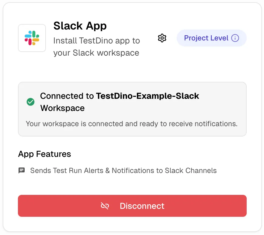Slack App integration card showing connected status with workspace name