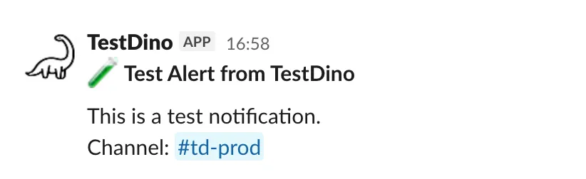 Slack test message from TestDino showing test alert notification in a channel
