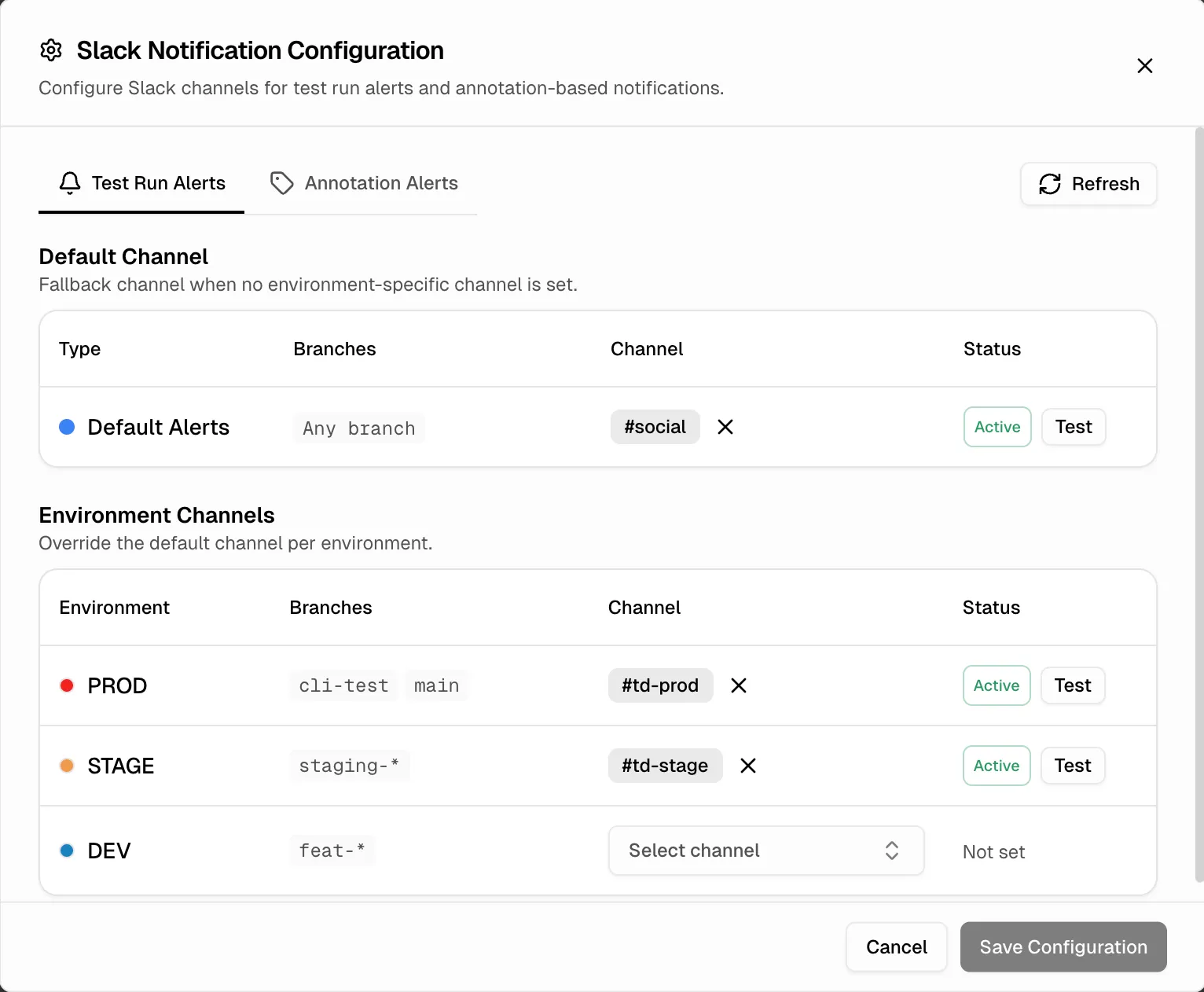 Slack Notification Configuration showing default channel, environment-specific channels, and Test buttons