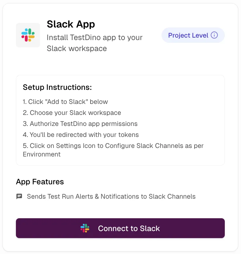 TestDino Slack App integration card showing Connect to Slack button