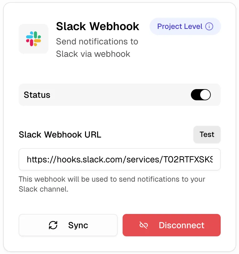 Slack Webhook integration card showing connected status with webhook URL and disconnect option