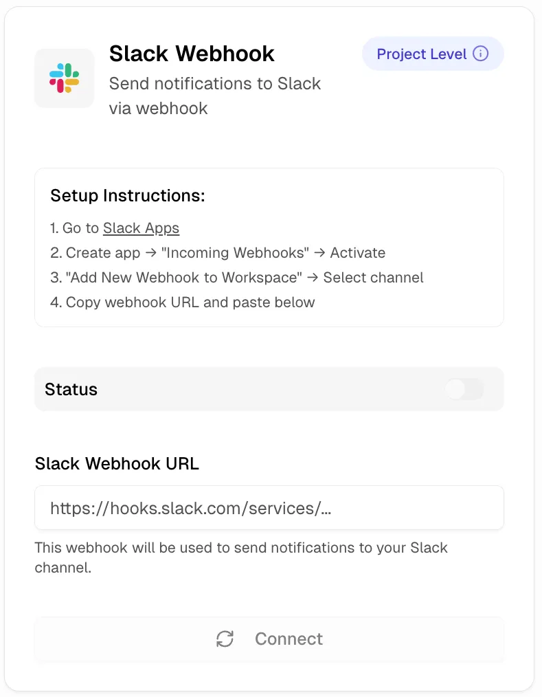TestDino Slack Webhook integration card showing URL input field and Connect button