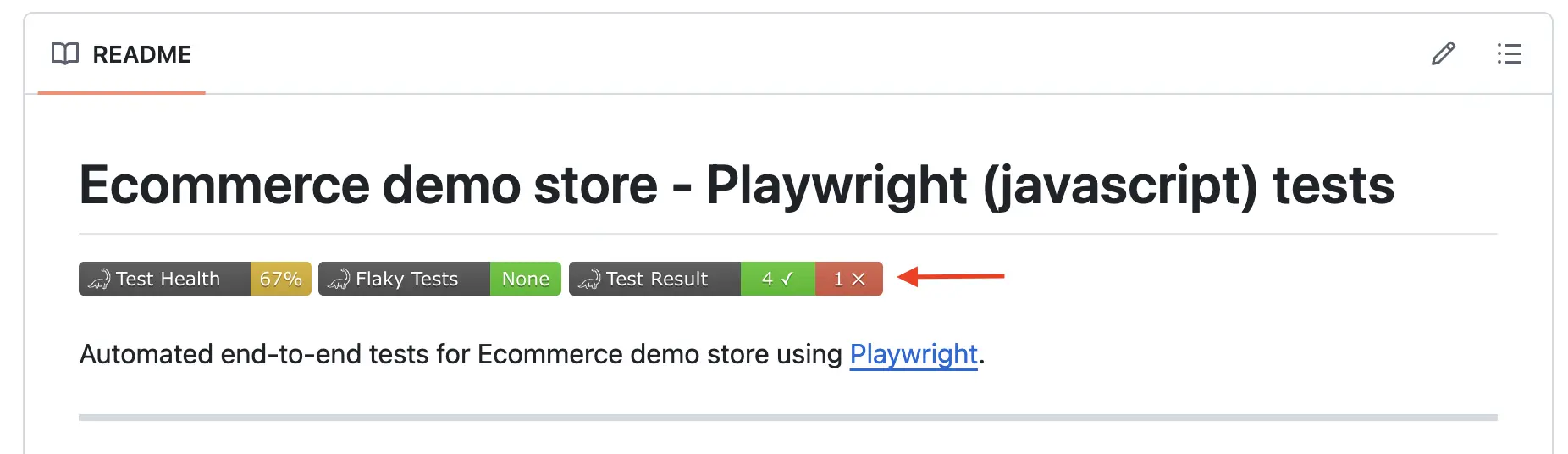 TestDino status badges showing test health, flaky count, and test counts