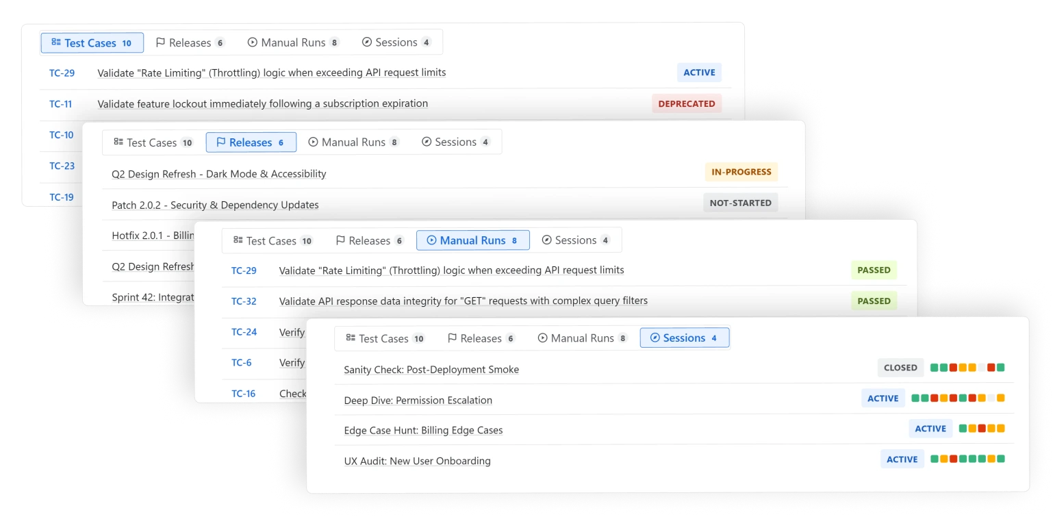 TestDino panel inside a Jira issue with Test Cases, Releases, Manual Runs, and Sessions tabs and a last synced refresh control