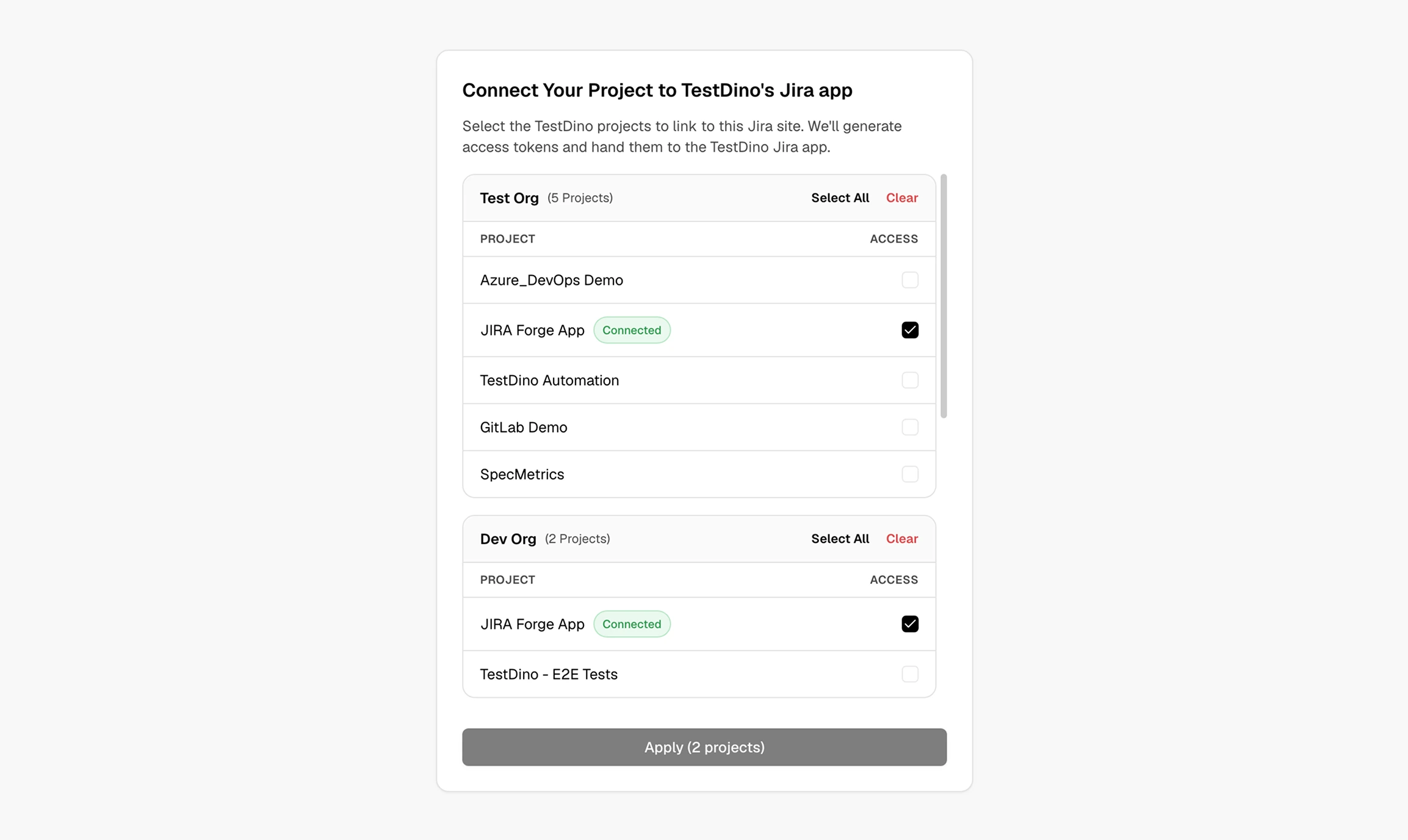 Connect Your Project to TestDino's Jira app window listing organizations and projects with access checkboxes