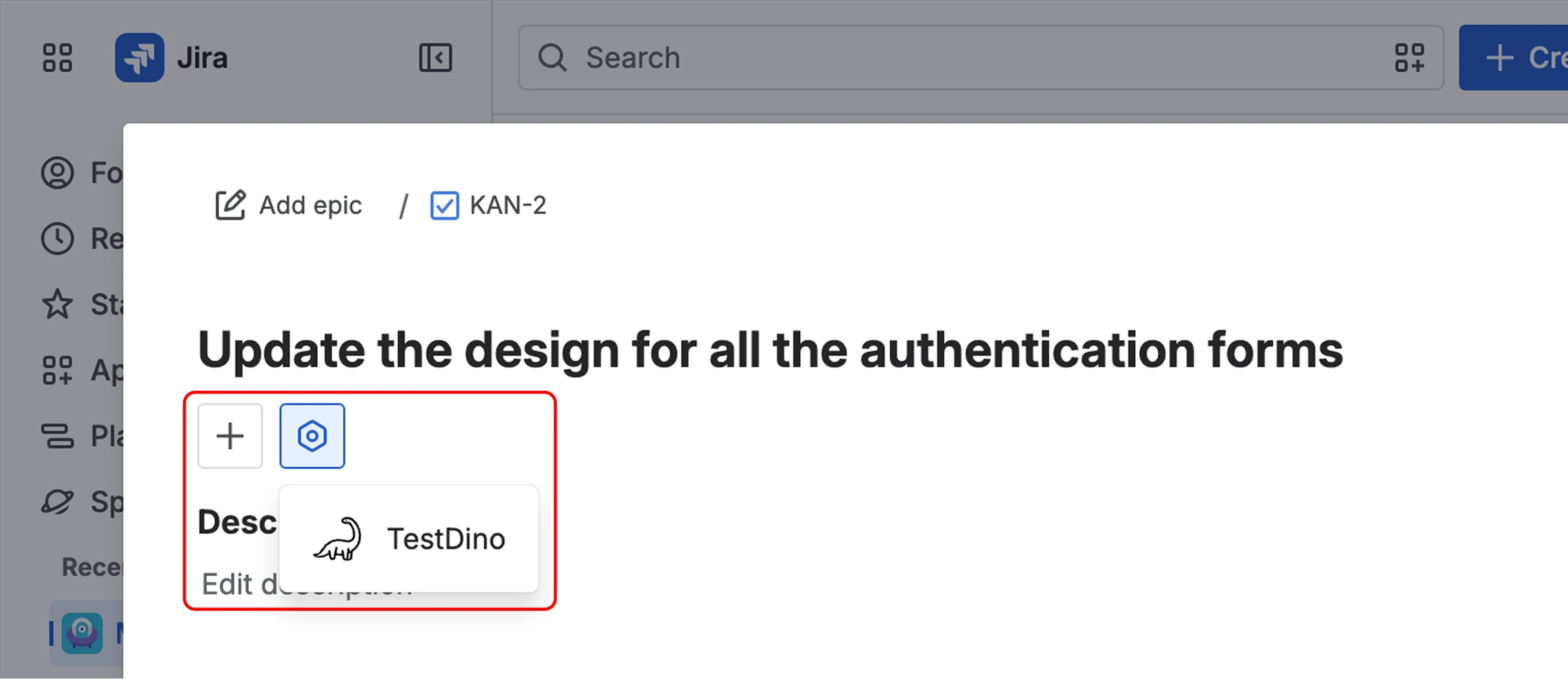 Jira issue apps menu showing TestDino and Add apps options under the gear button