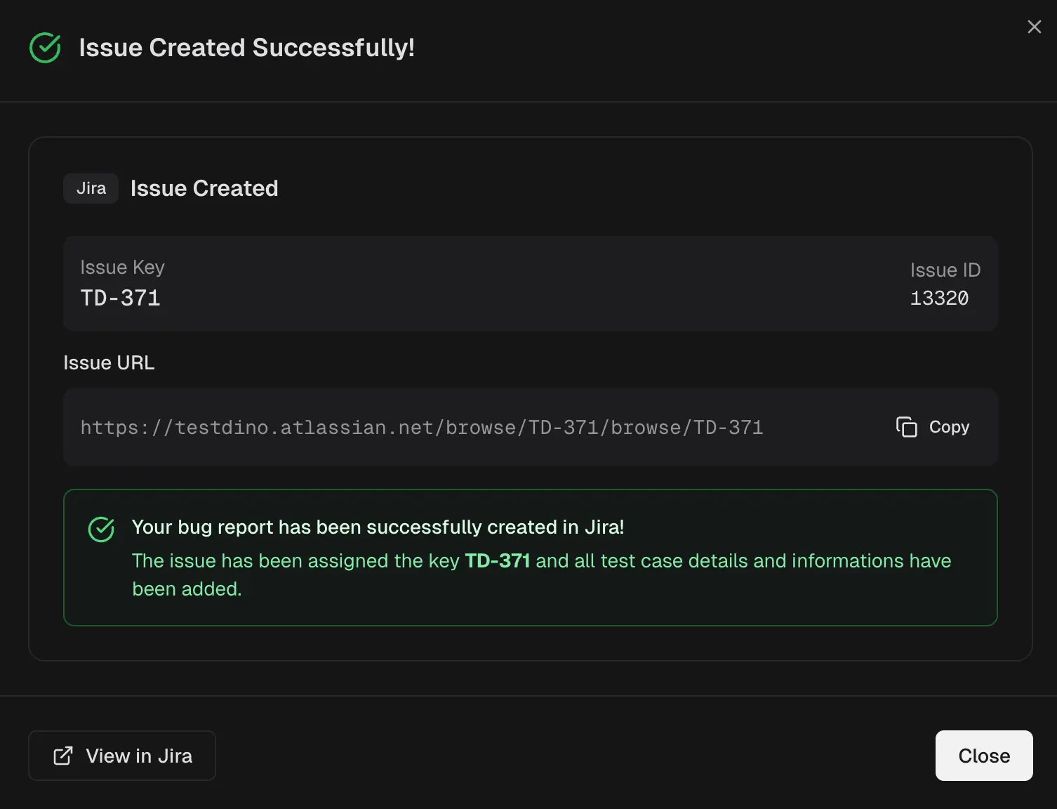 Issue tracking integration showing created issue