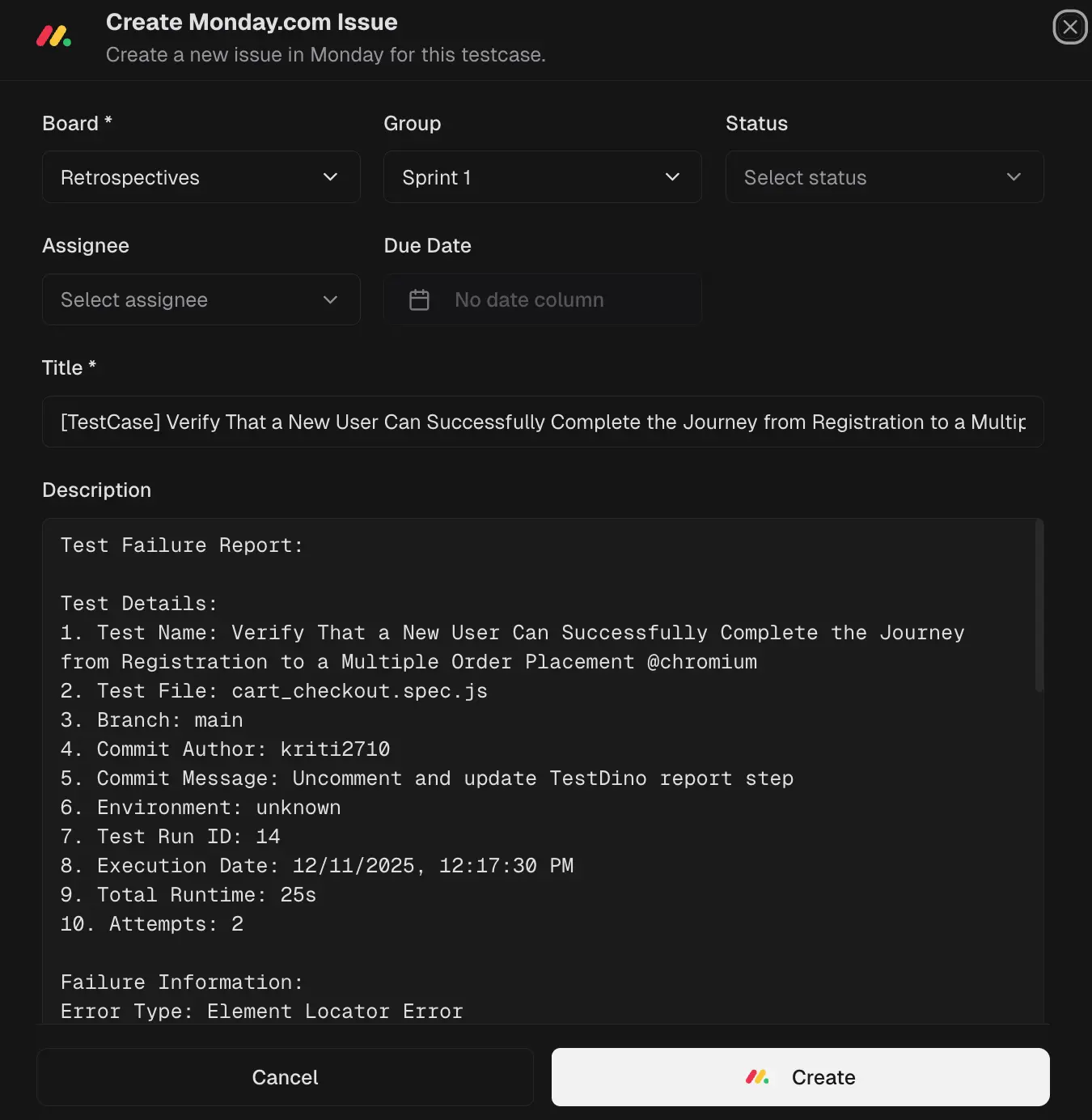 Create Monday.com issue from TestDino