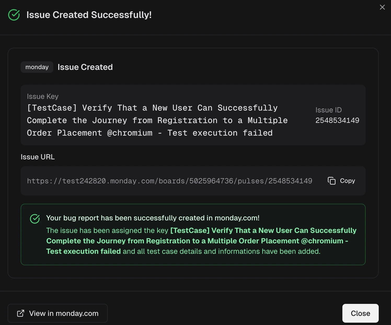 Issue created successfully
