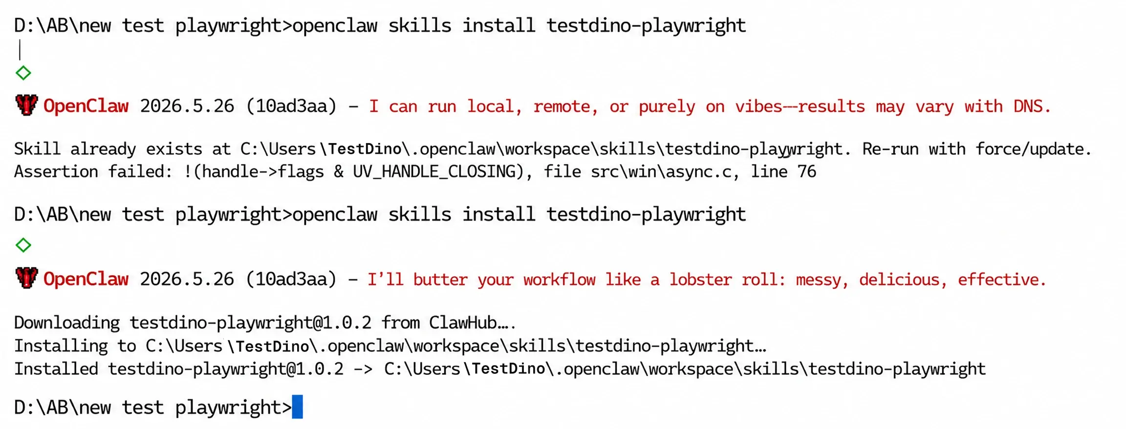 Terminal output of openclaw skills list showing the testdino-playwright skill installed