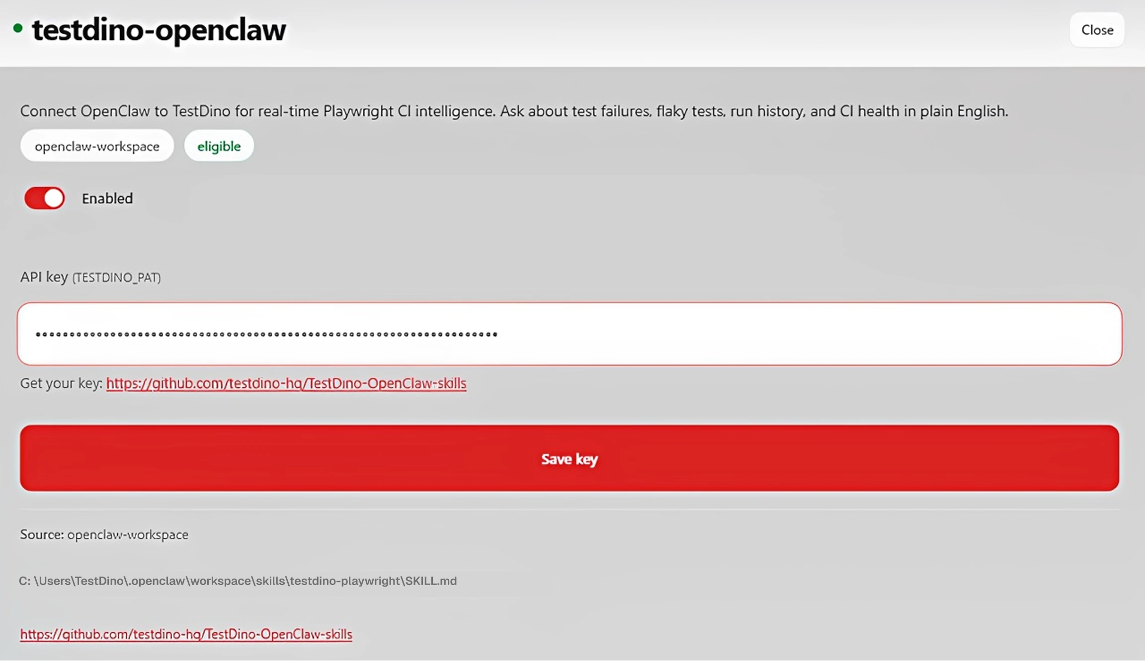 OpenClaw dashboard Skills tab showing TestDino skill with eligible status after PAT is saved