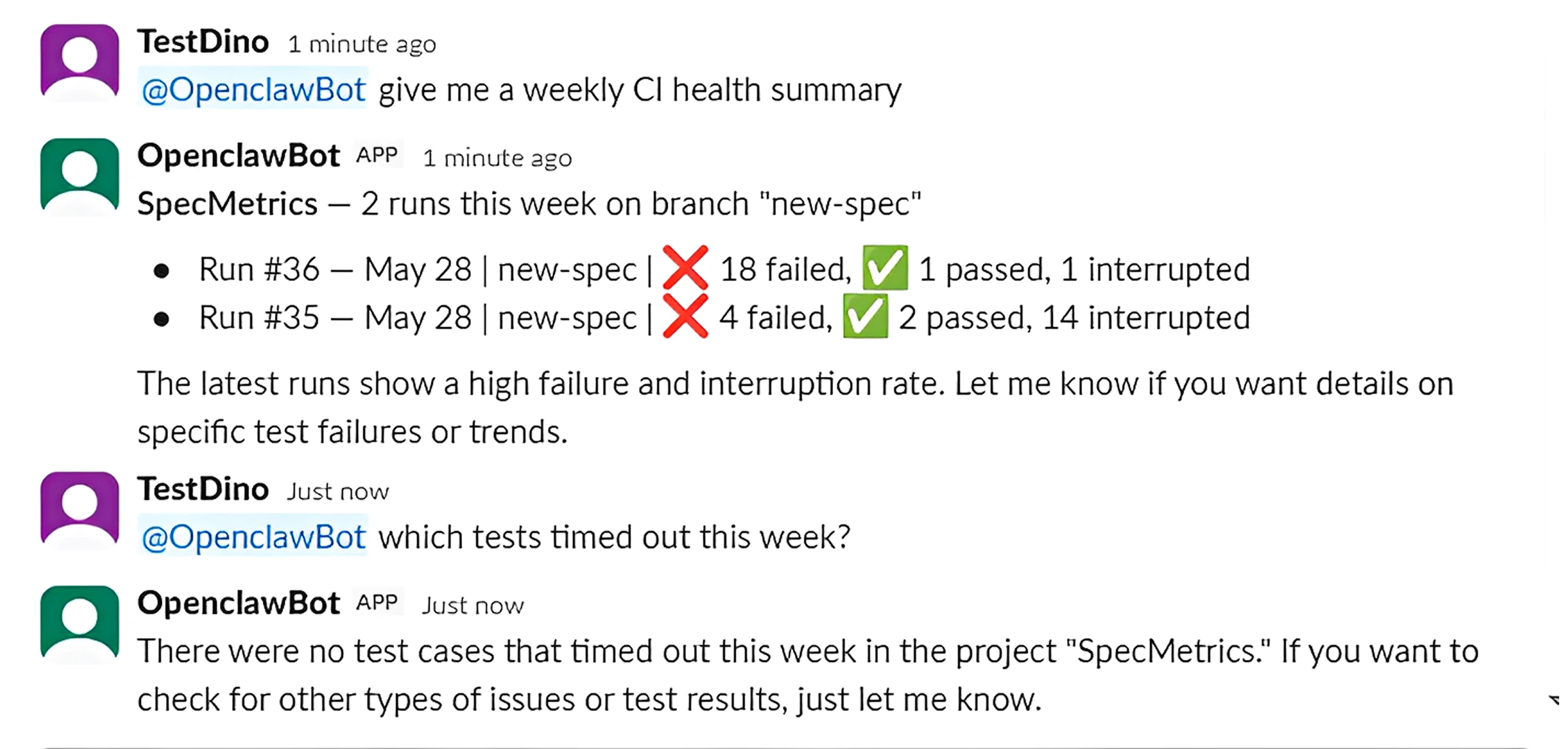 TestDino bot replying to a CI failure question across Slack, Telegram, and Discord