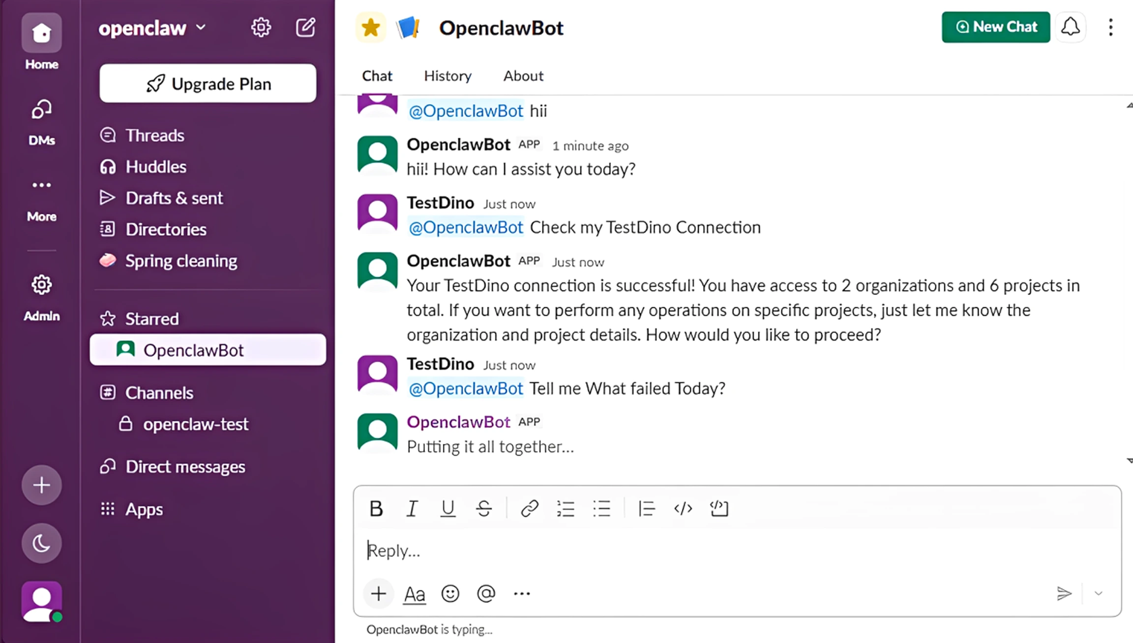 OpenClaw TestDino bot replying in chat with a summary of failed Playwright tests