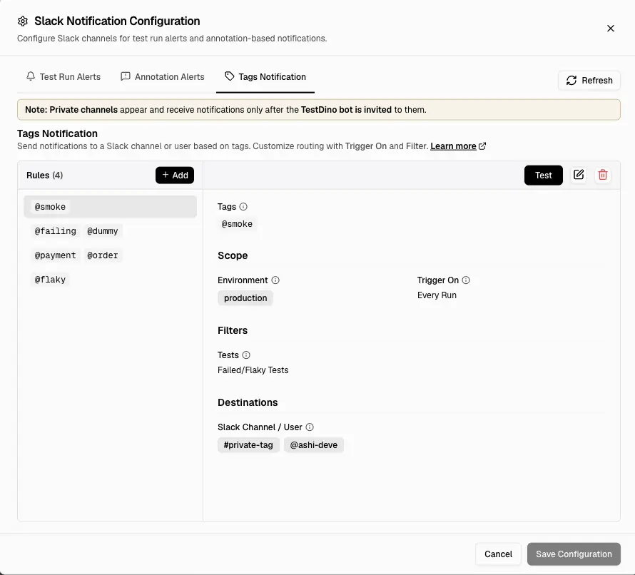 Tags Notification tab showing the Rules pane and selected rule configuration with Tags, Scope, Environment, Trigger On, Filters, and Slack destinations
