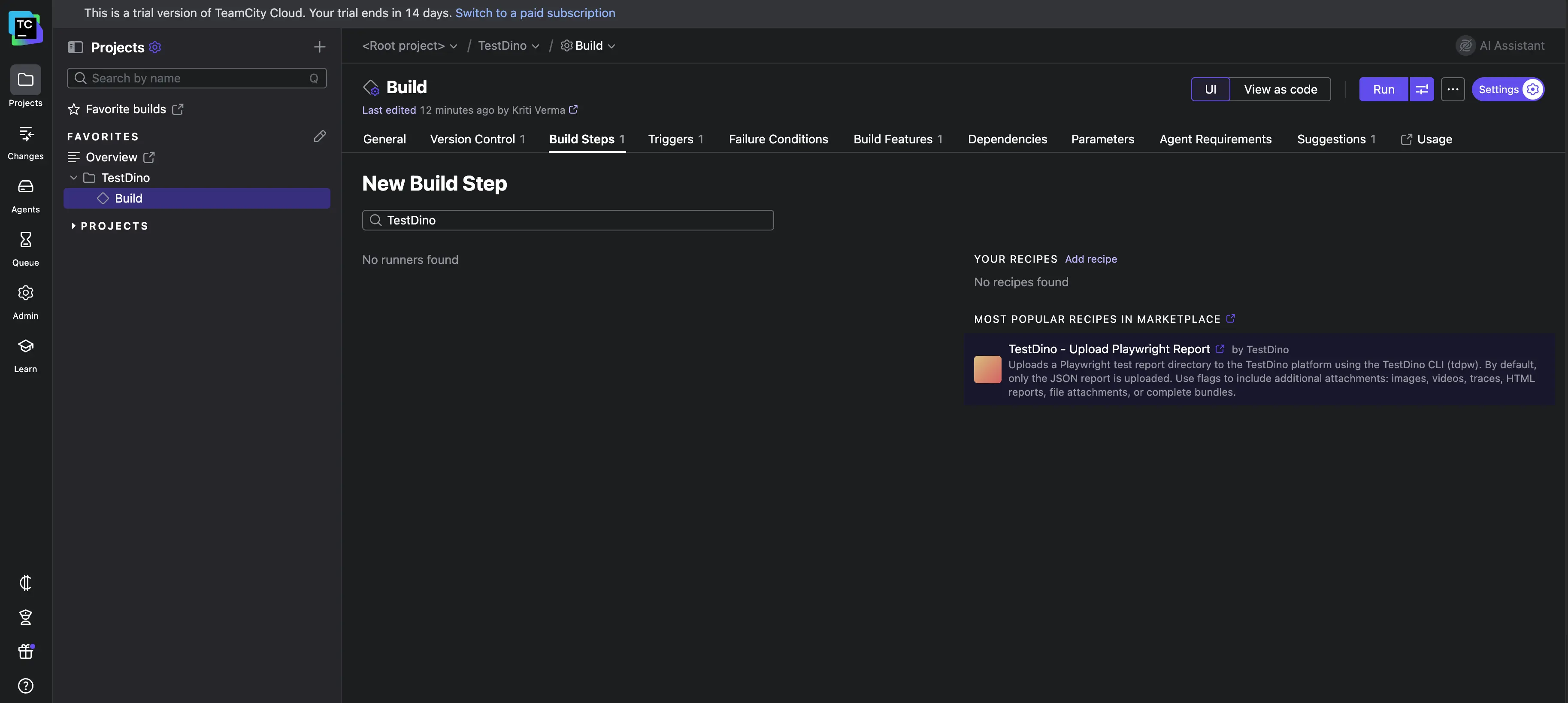 Select TestDino runner in TeamCity