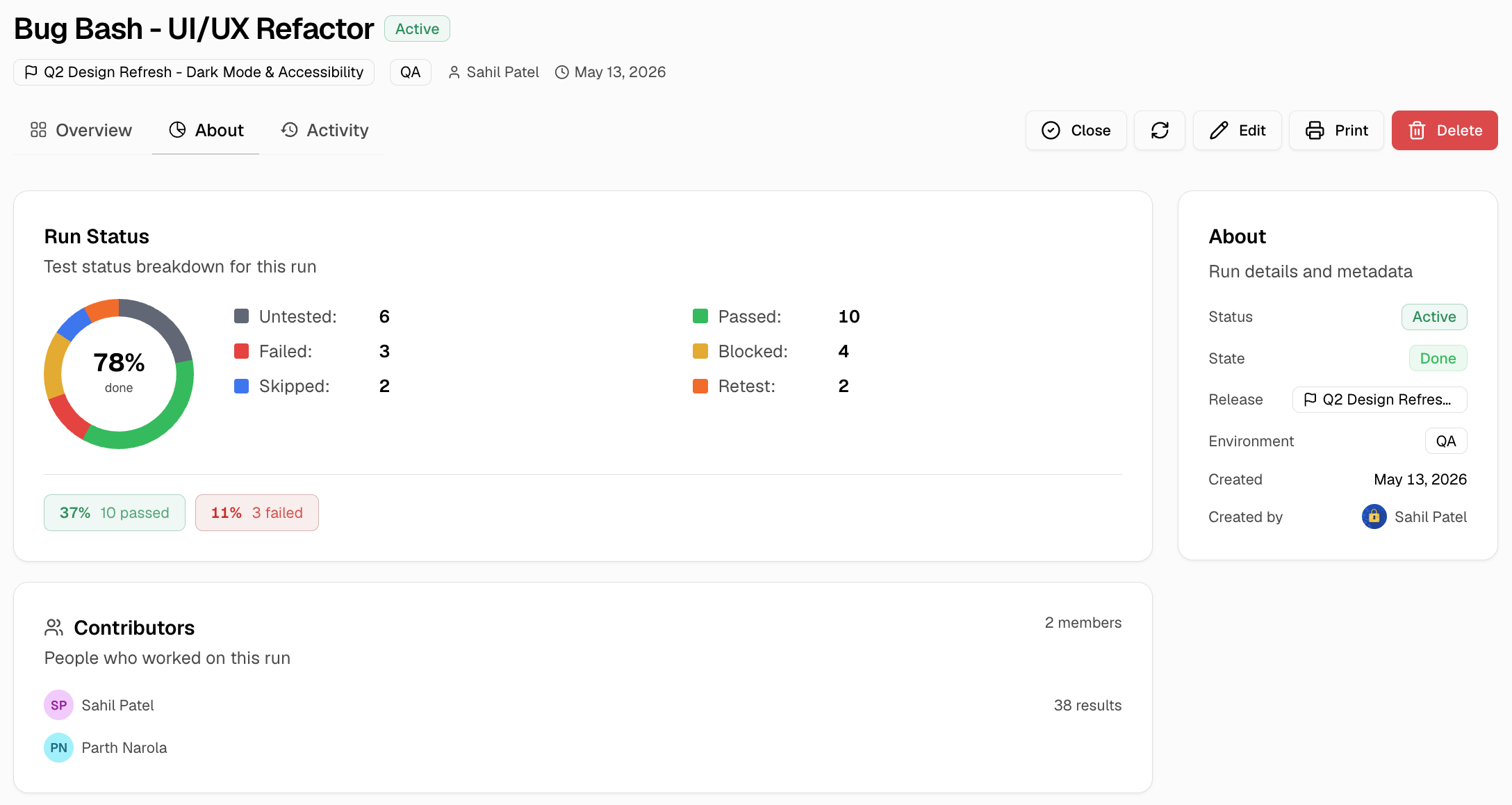 Manual run About tab showing run status, contributors, and metadata