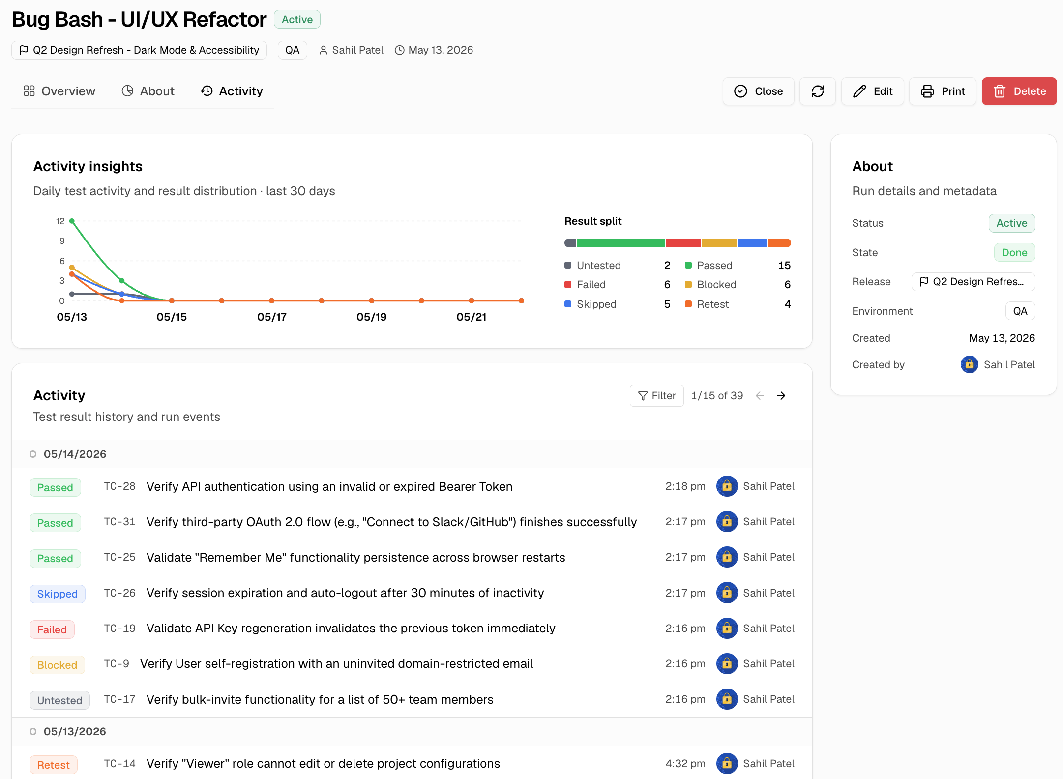 Manual run Activity tab showing activity insights and test result history