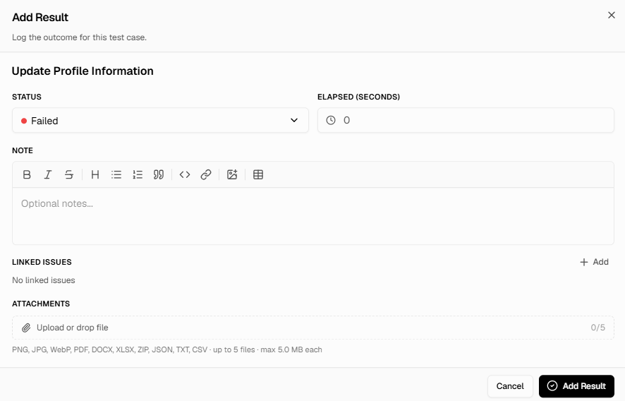 Add Result dialog showing STATUS, ELAPSED (SECONDS), NOTE, LINKED ISSUES, ATTACHMENTS, and the Cancel and Add Result buttons