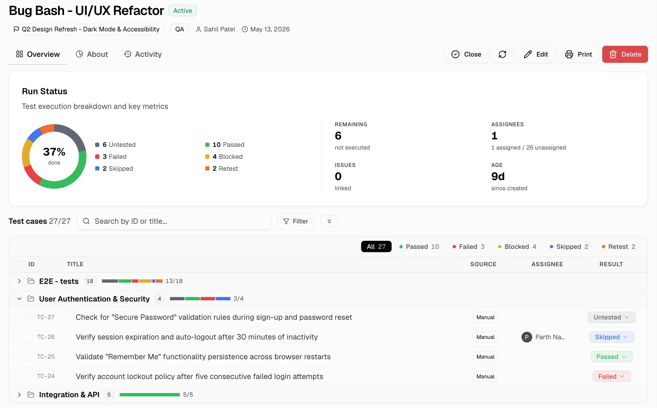 Manual run Overview tab showing run status, metrics, and grouped test cases with assignee and result controls