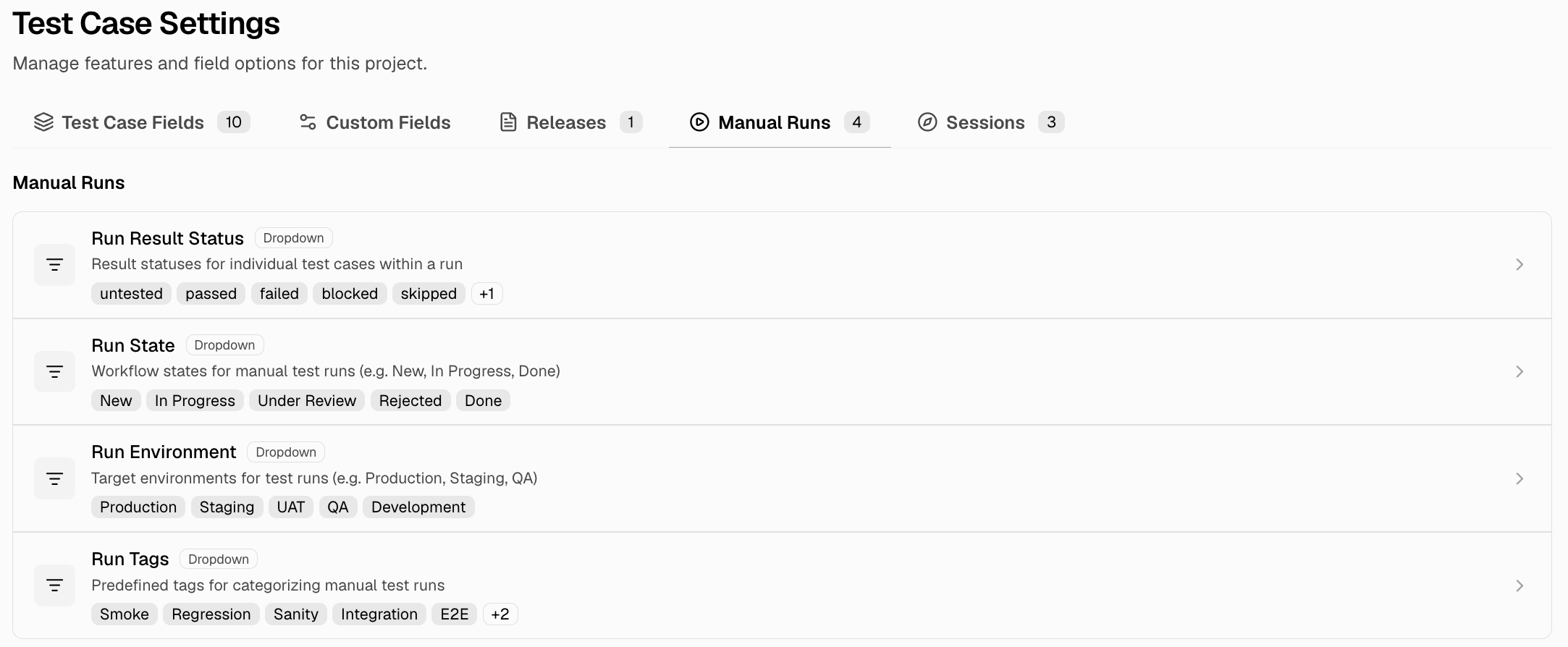 Settings page showing Manual Runs tab with result status, run state, environment, and tag options