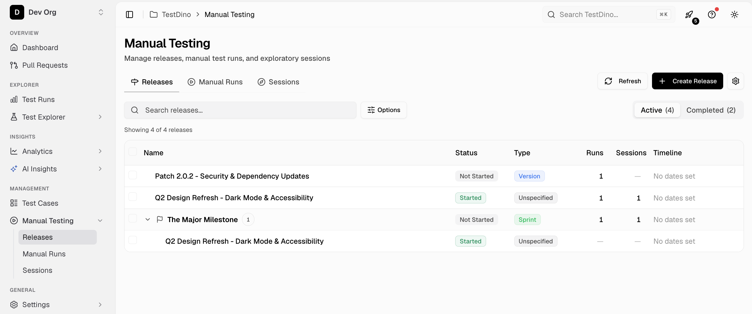 Manual Testing page showing Releases, Manual Runs, and Sessions tabs