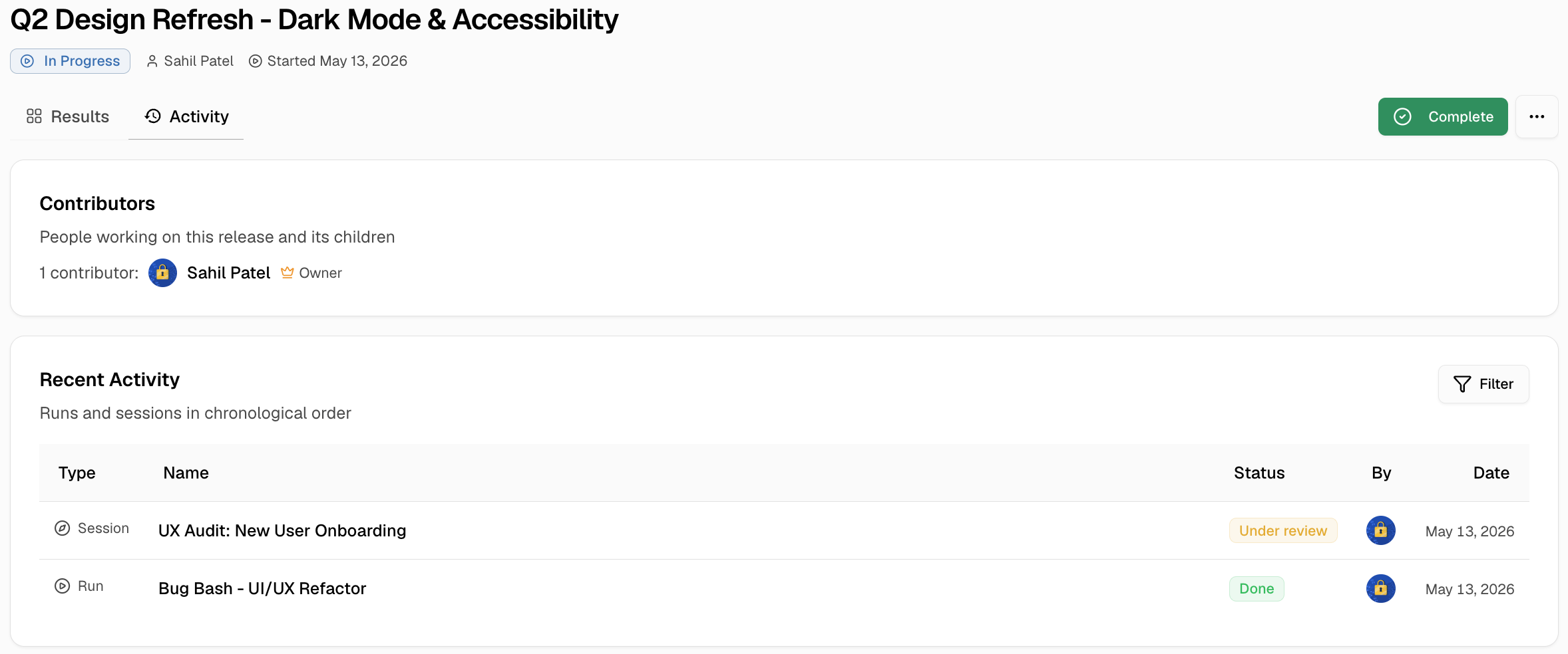 Release detail Activity tab showing contributors and recent activity across linked runs and sessions