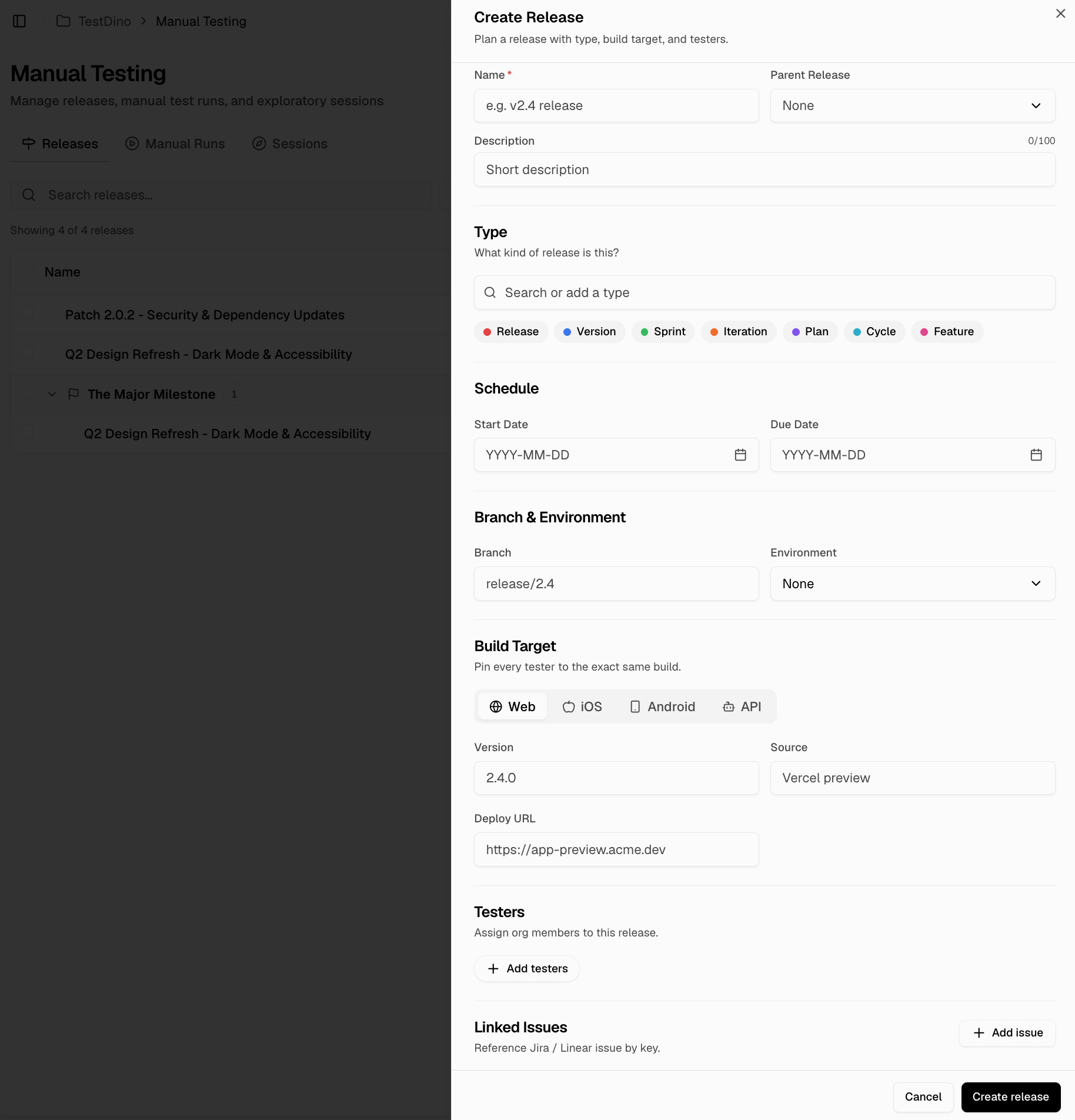 Create Release dialog showing name, description, type, parent, dates, branch, environment, build target, testers, linked issues, and note fields