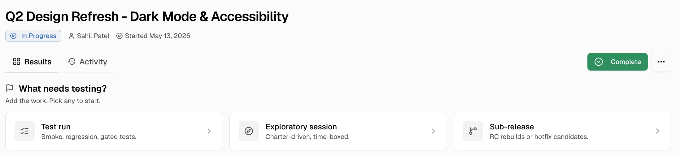 Release detail page showing options to add a test run, exploratory session, or sub-release