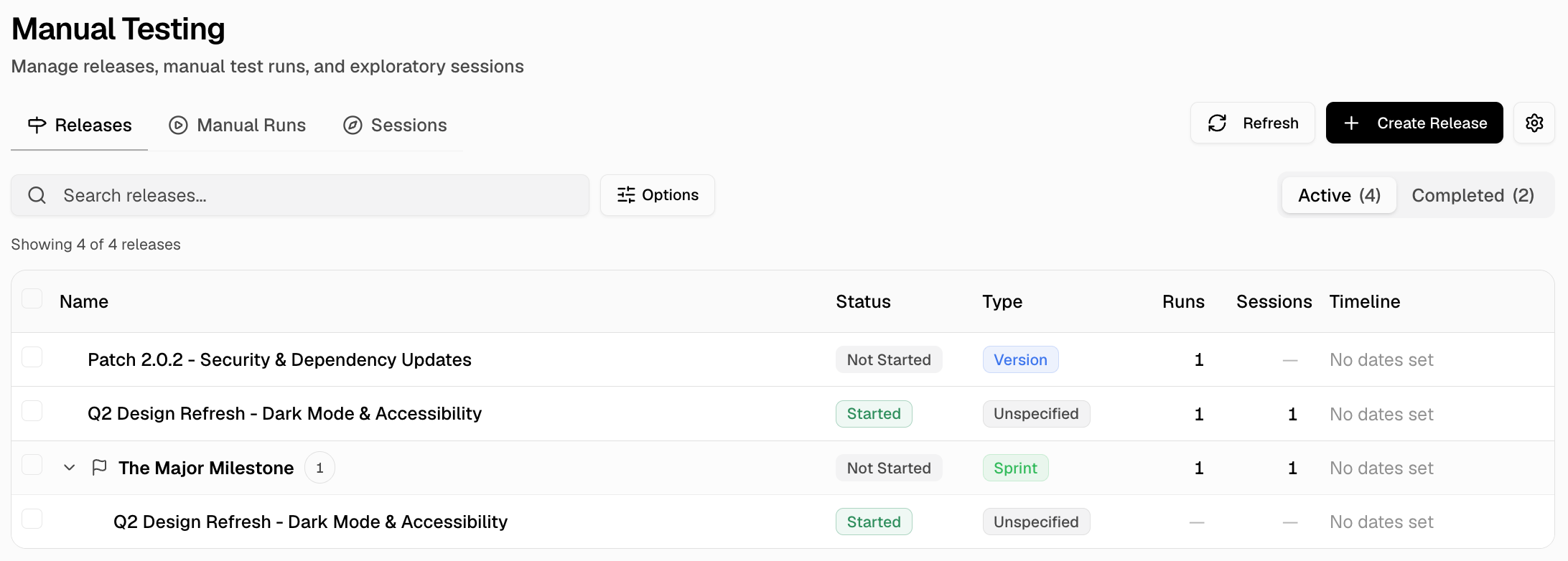 Releases page showing active releases with status, runs, sessions, and timeline