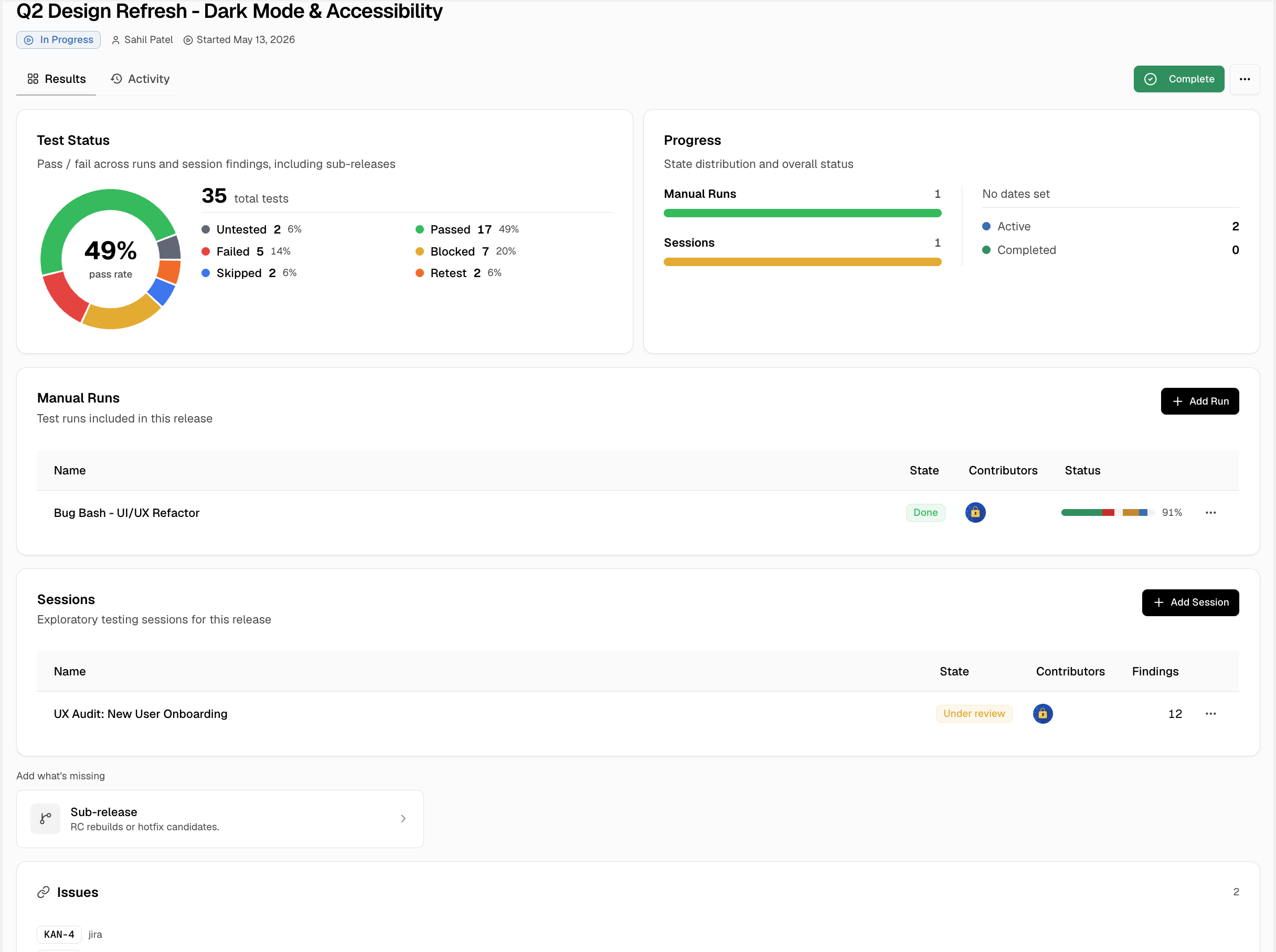 Release detail Results tab showing test status breakdown, progress, note, and sub release sections