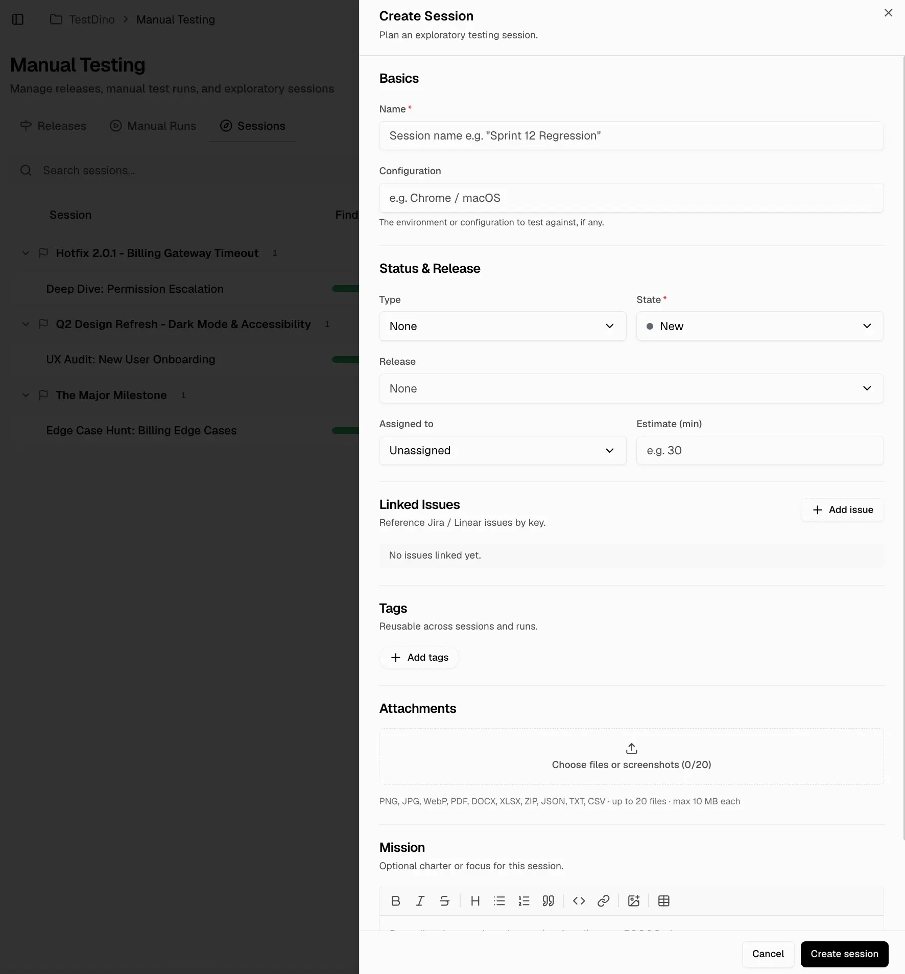 Create Session dialog showing session fields, mission, type, state, environment, release, assignee, estimate, issues, tags, and attachments