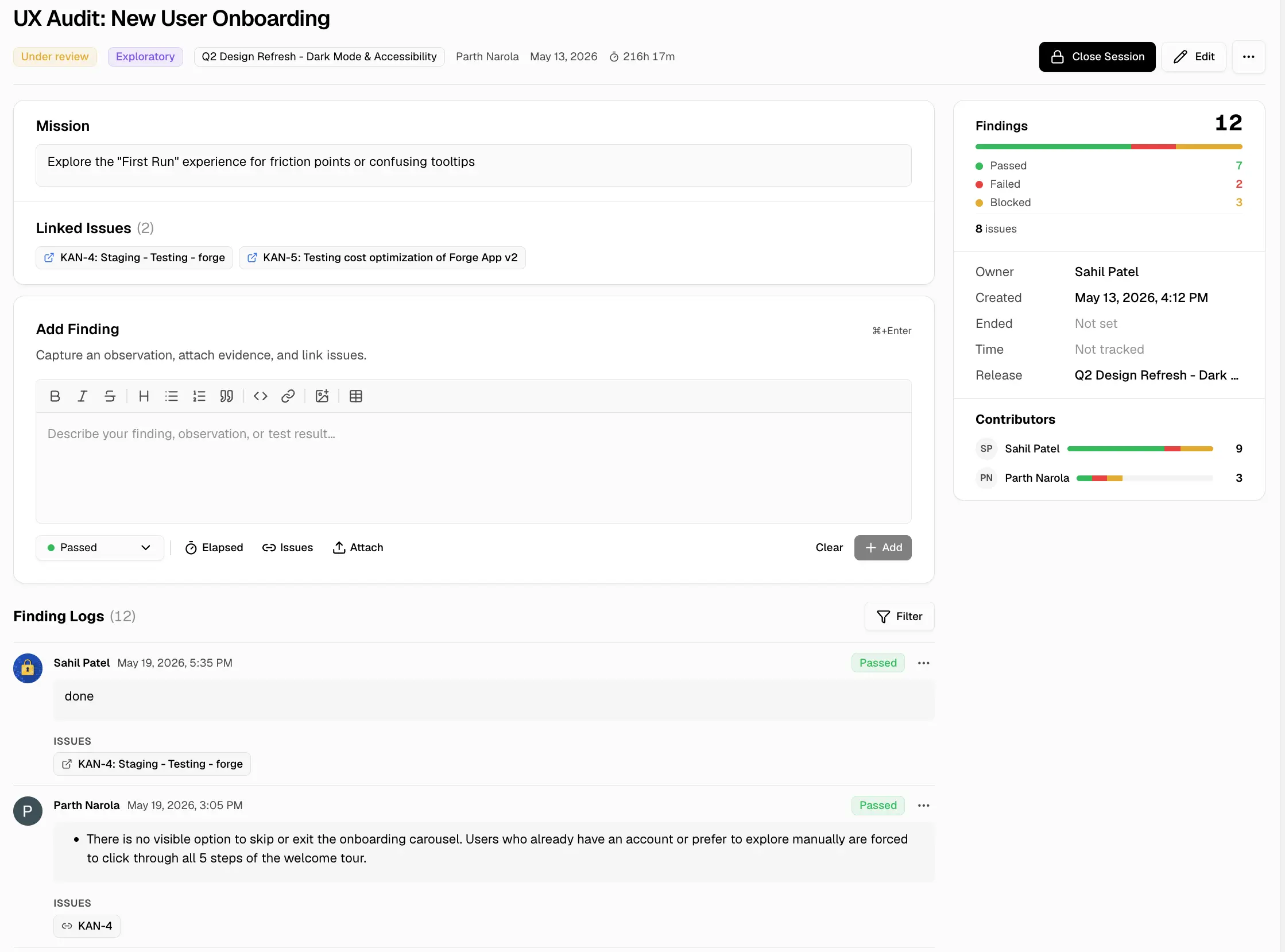 Session detail page showing session header, mission, findings, logs, and summary panel