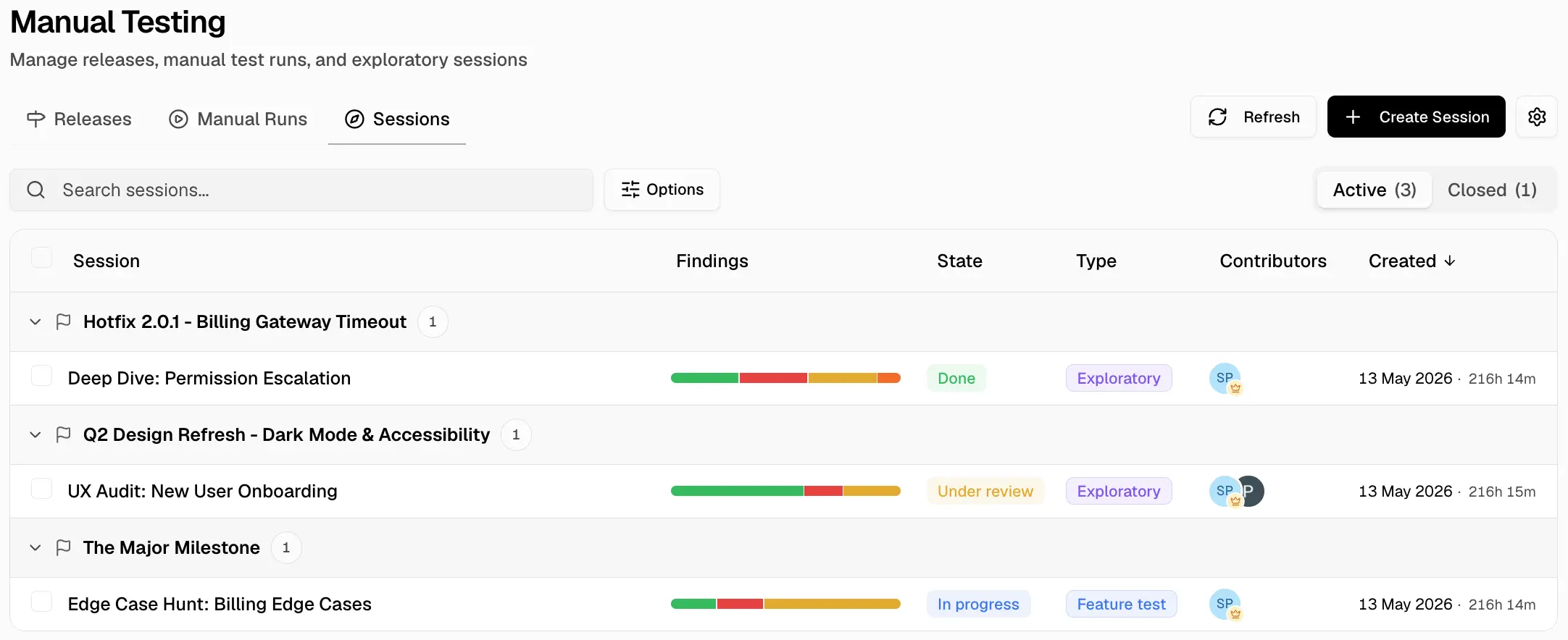 Sessions list showing search, options, active and closed tabs, and session rows grouped by release