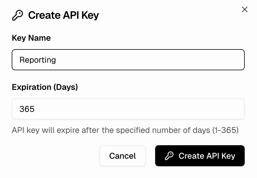 Create API Key modal showing Key Name and Expiration in days fields