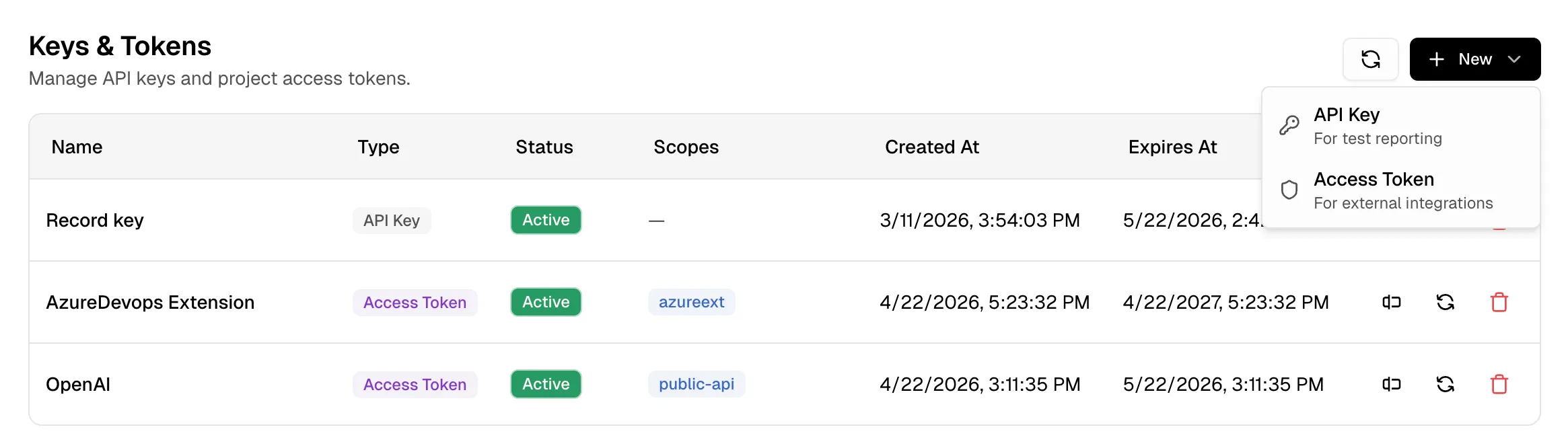 Create Project Access Token modal showing Token Name, Scopes (azureext, public-api), and Expiration in days fields