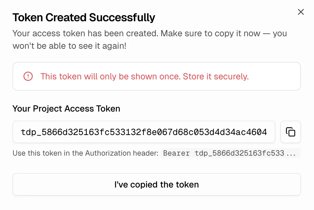 Keys & Tokens table listing API Key and Access Token rows with Name, Type, Status, Scopes, Created At, and Expires At columns