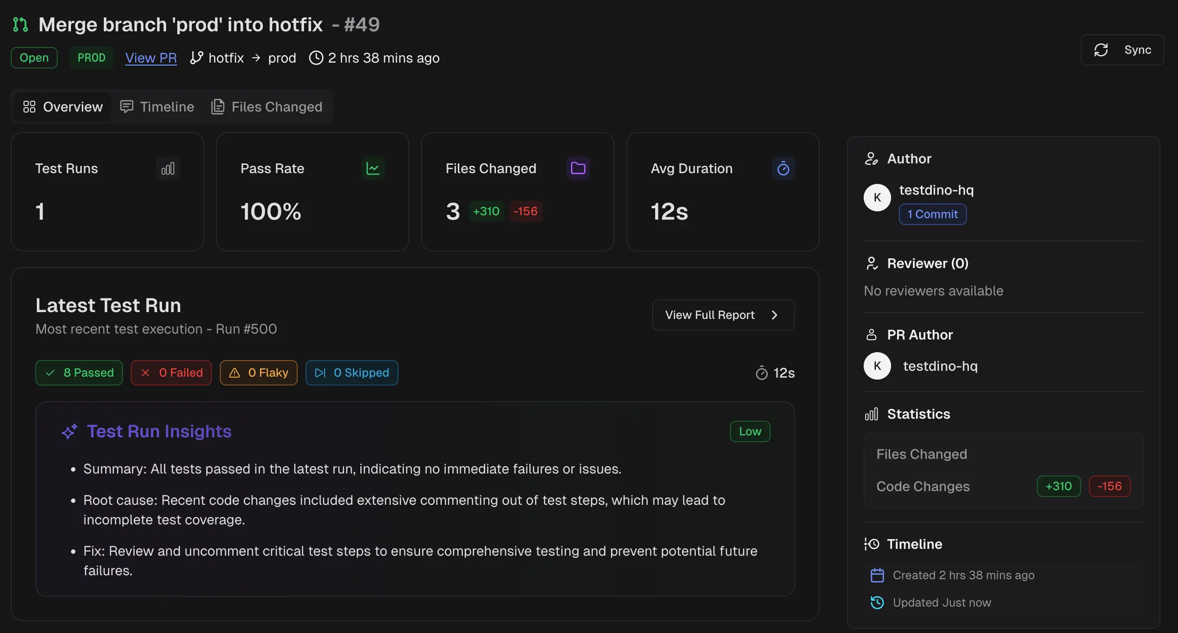 PR header showing title, status badge, branch info, and sidebar with author and file changes