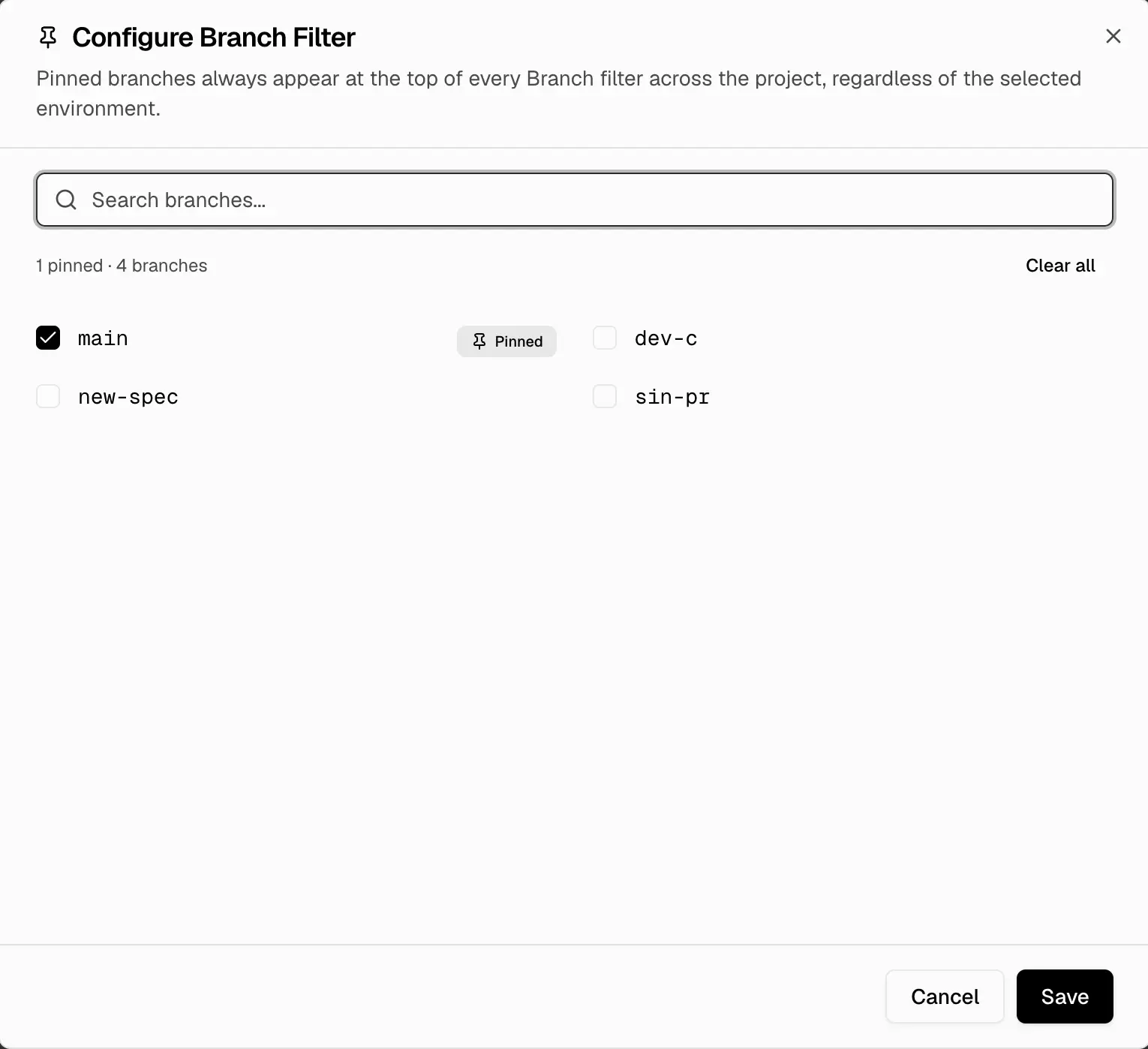 Filter Customization table with the Branch row and its Configure button
