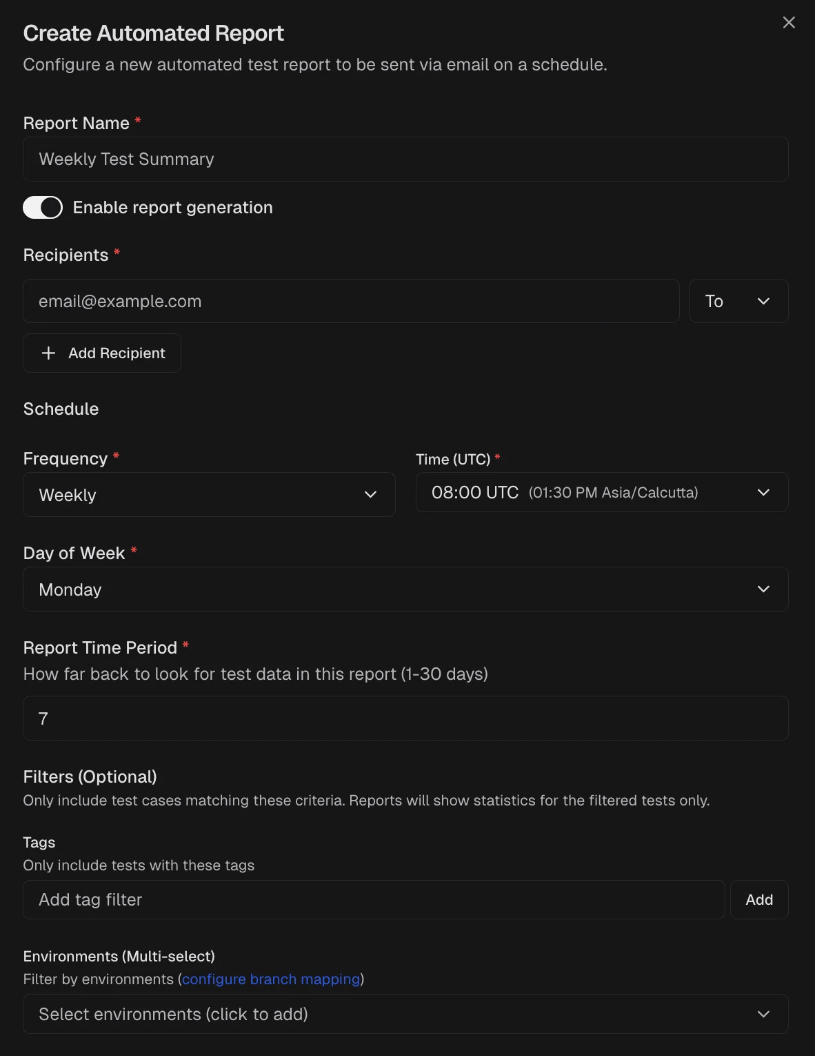 Create Automated Report dialog showing name, recipients, schedule, and filter fields
