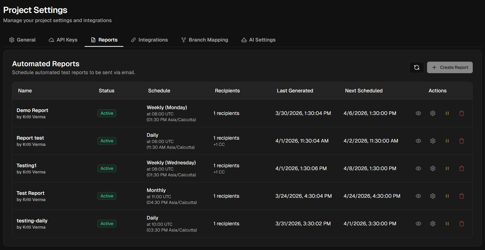 Automated report preview showing configured schedule, recipients, and filter settings