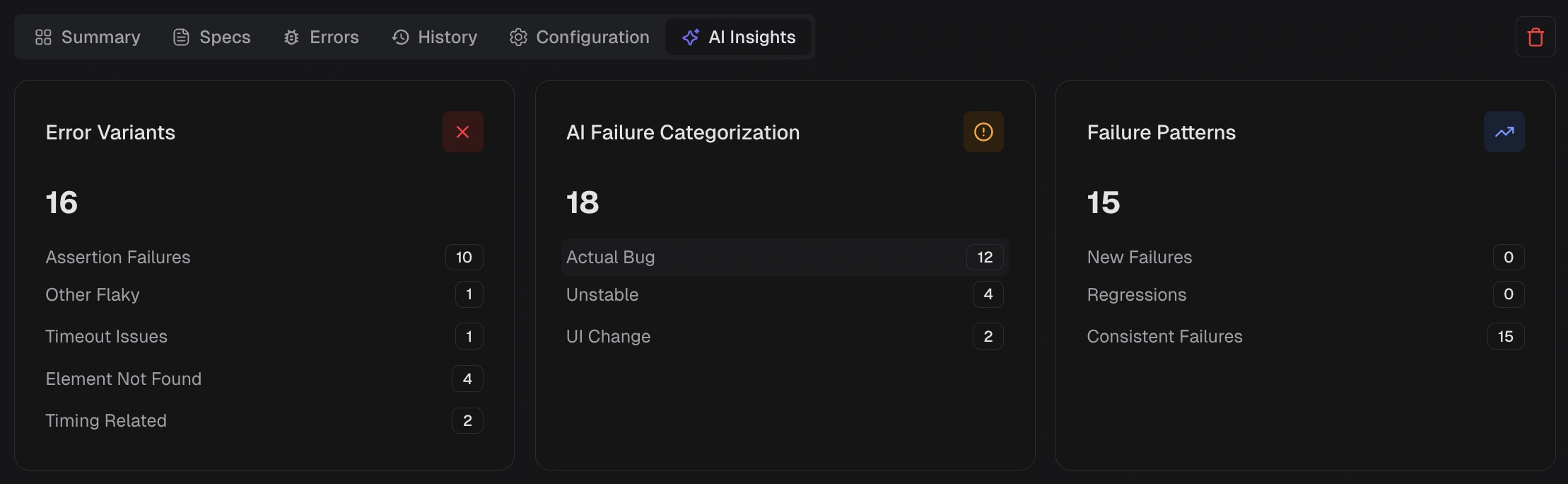 AI Insights KPI tiles showing error variants, failure categorization, and failure patterns