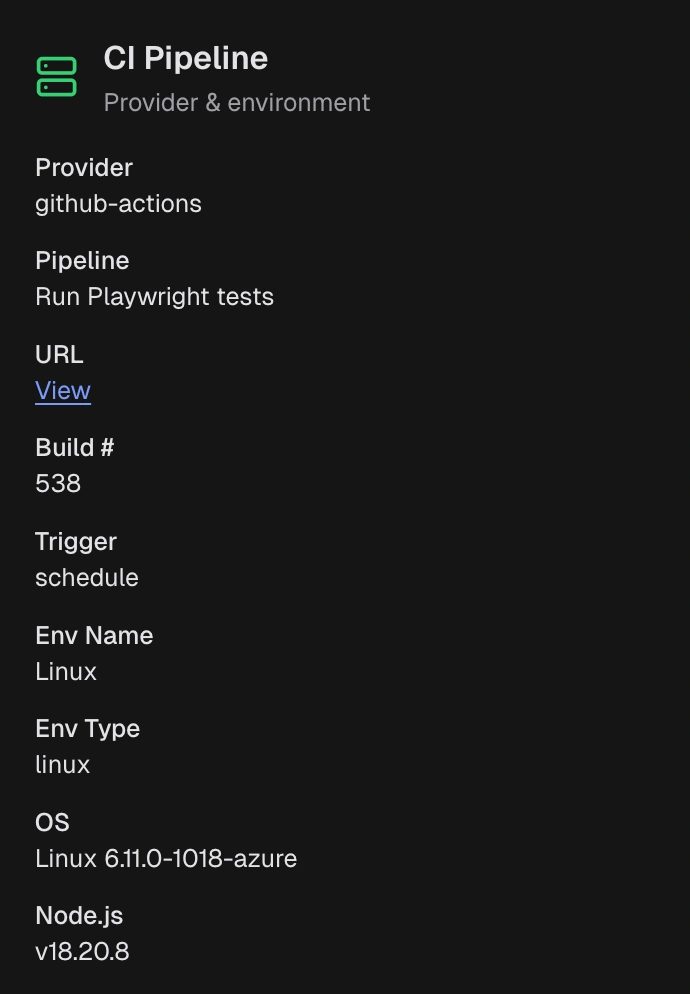 CI pipeline section showing provider, workflow, build number, trigger, and environment