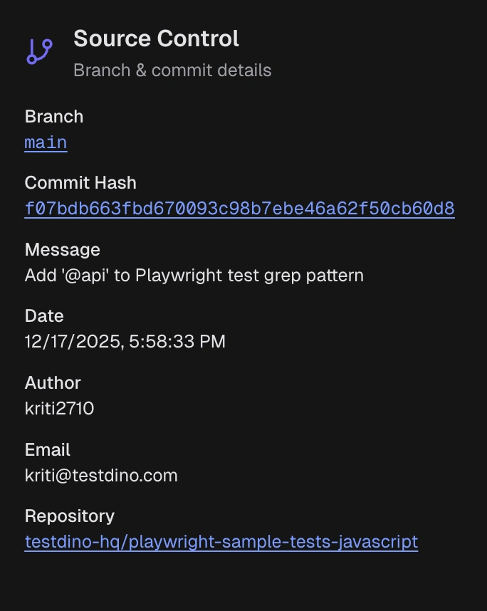 Source control section showing branch, commit hash, author, message, and repository links