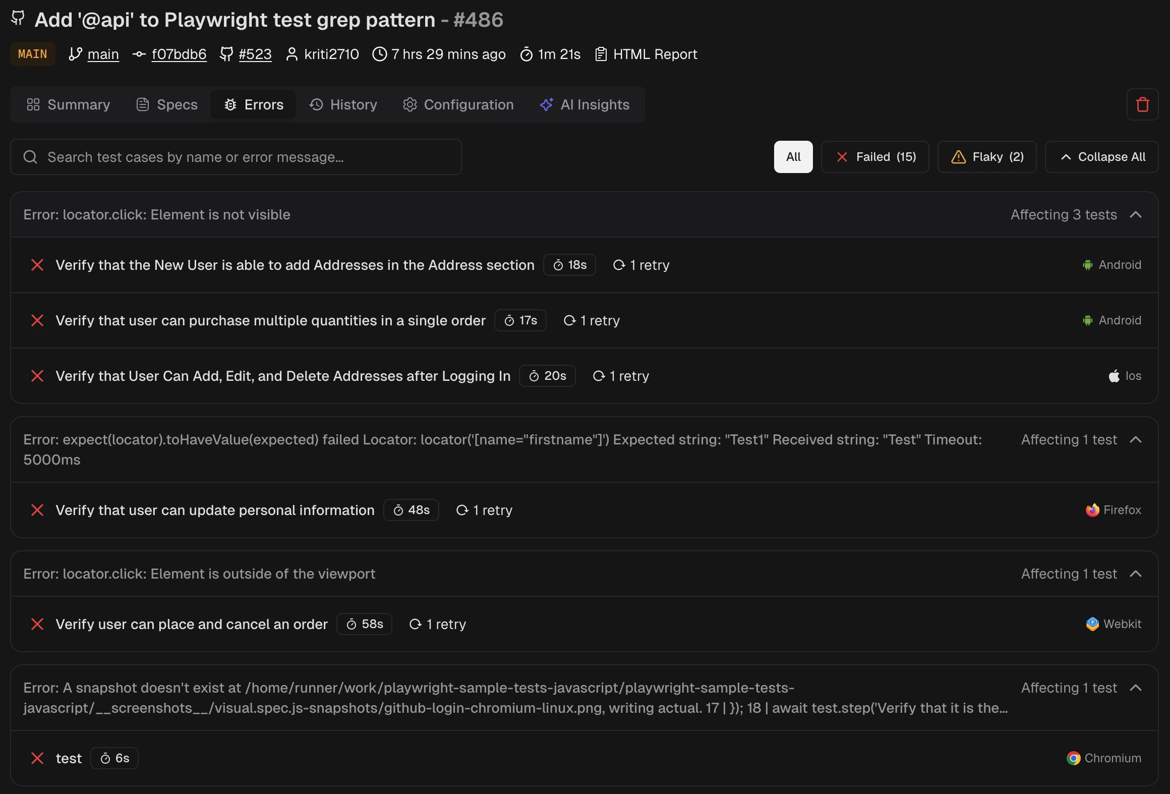 Error groups table showing unique error messages with affected test counts
