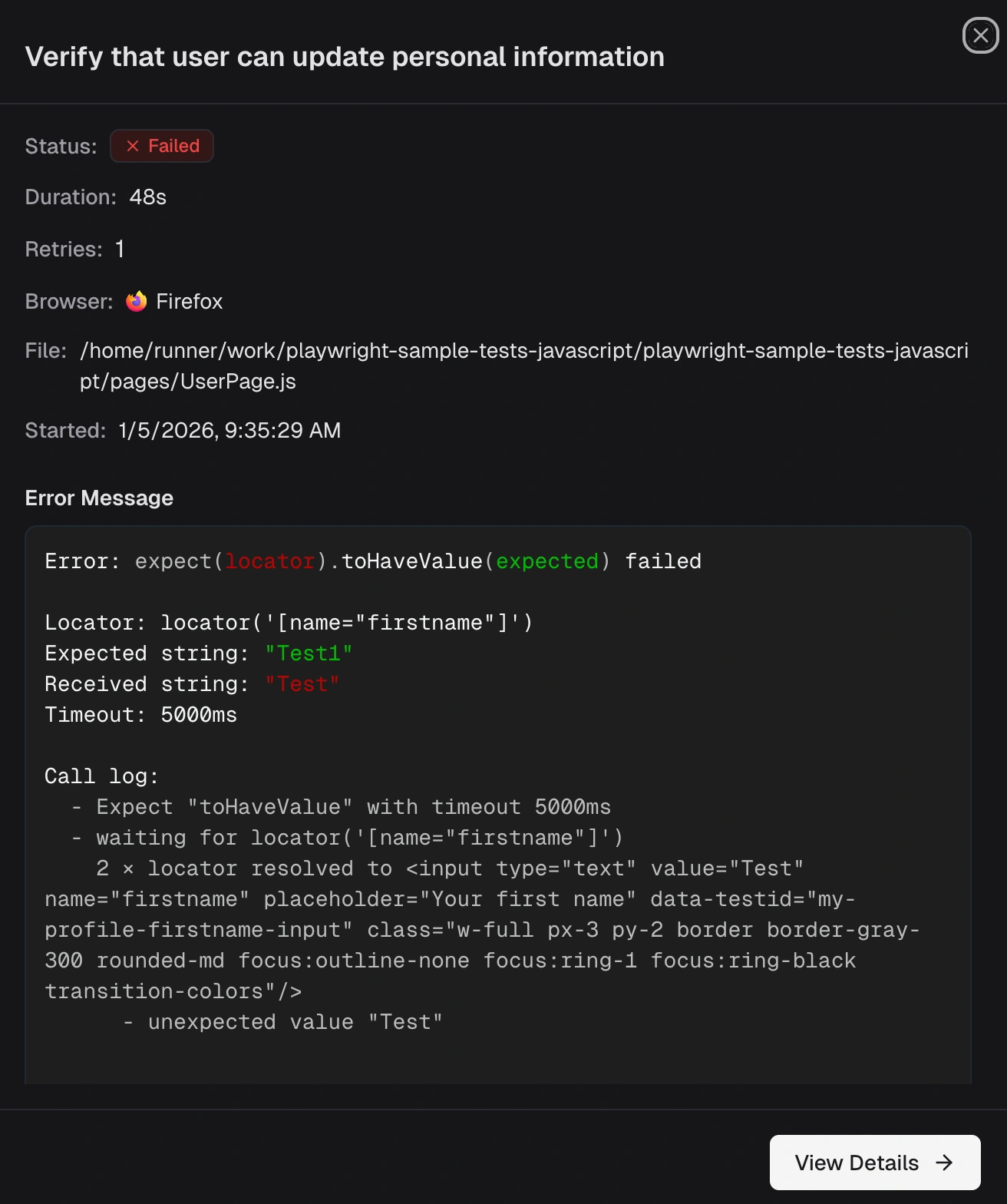 Side panel showing test case details with status, duration, retries, error message, and stack trace