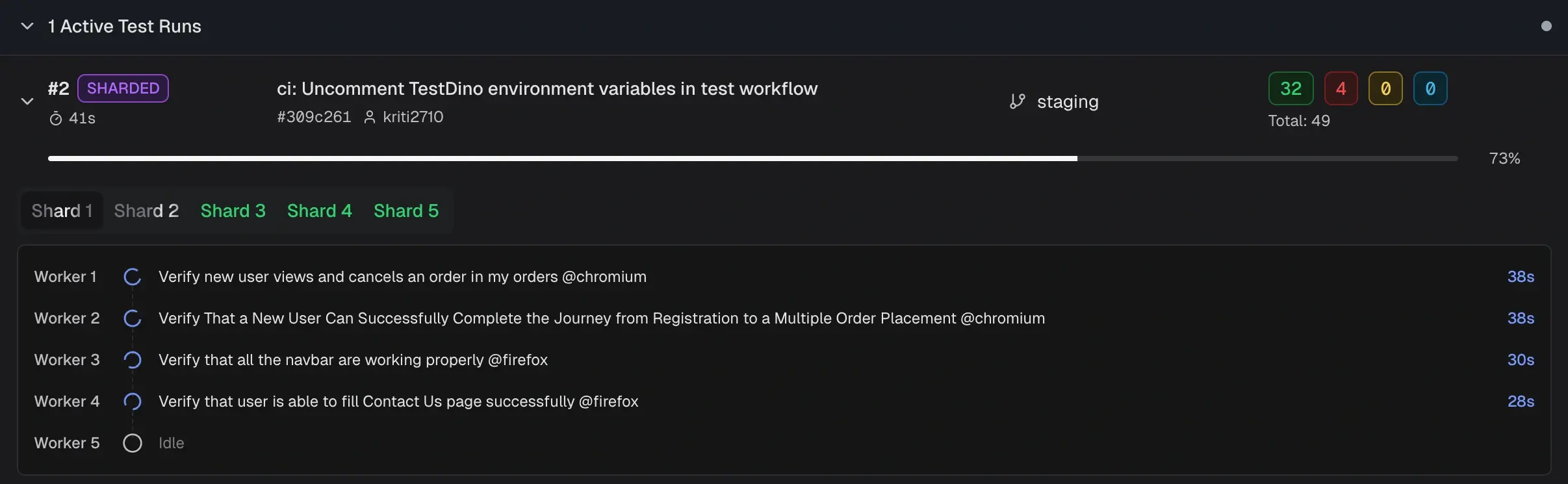 Active test runs section showing live progress and result counts