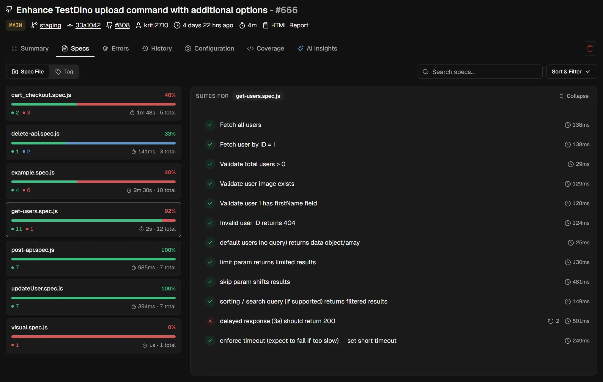 Spec file view showing file list with pass/fail status bars and test details panel