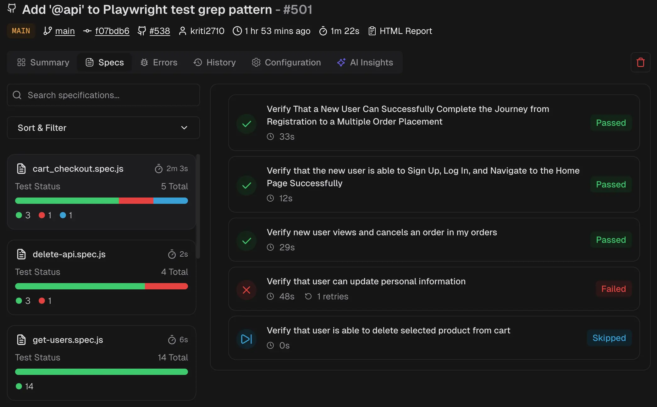 Specs view showing spec file list on left with status bars and test details panel on right