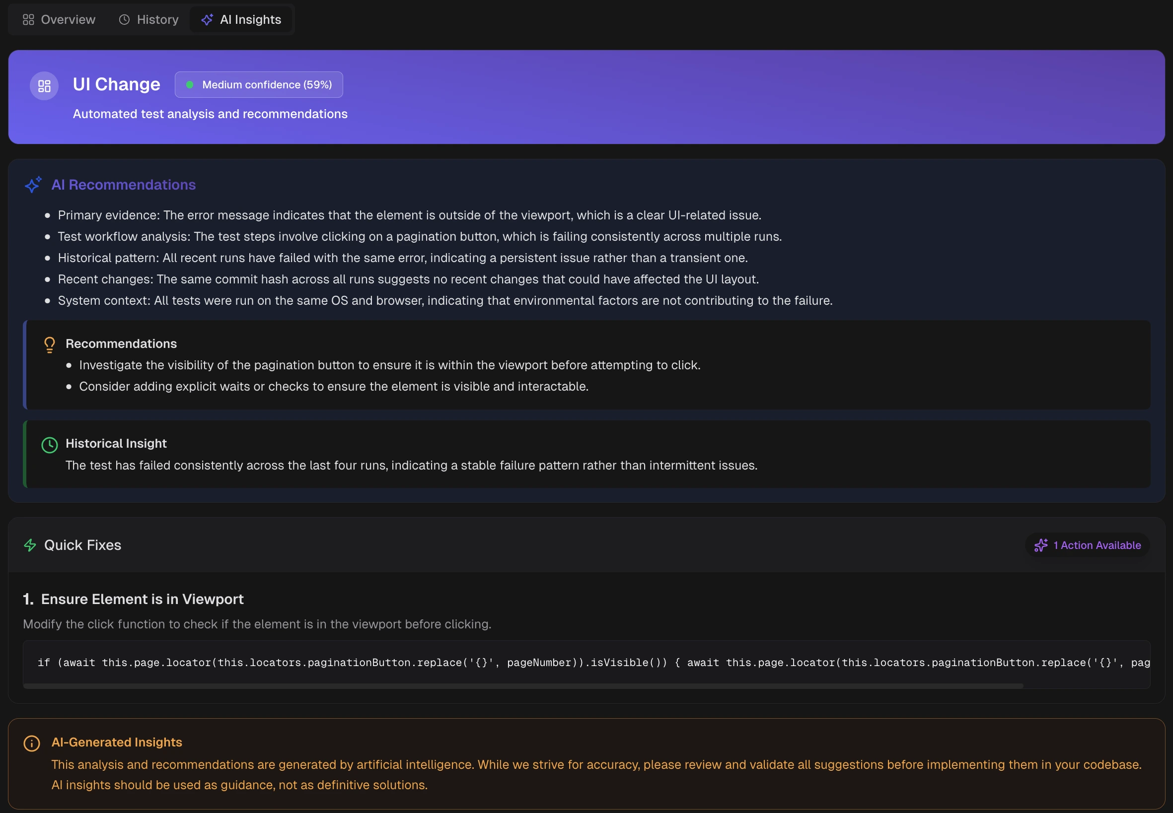 AI Insights panel showing failure category, confidence score, recommendations, and quick fixes