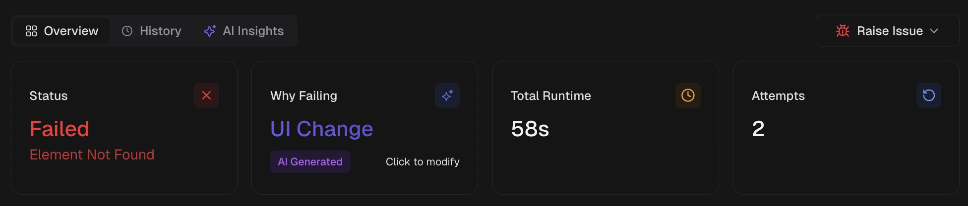 Test case KPI tiles showing status, AI failure category, total runtime, and retry attempts
